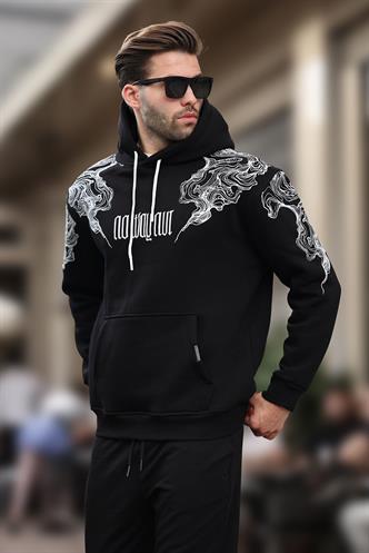 Siyah Kapüşonlu Cep Detaylı Baskılı Erkek Sweatshirt 7052