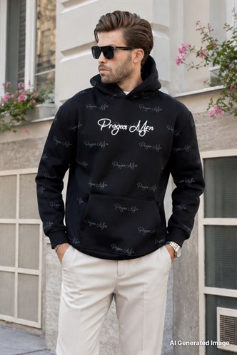 Siyah Baskılı Kapşonlu Cep Detaylı Erkek Sweatshirt 7075