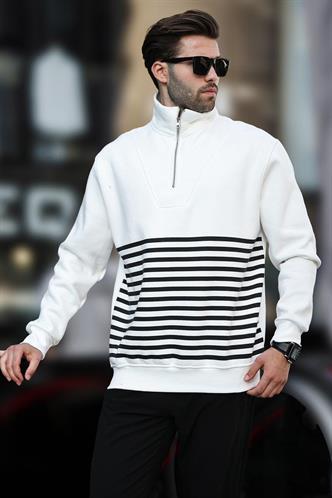 Ekru Fermuar Yakalı Çizgili Sweatshirt 7056