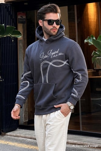 Füme Baskılı Kapşonlu Cep Detaylı Erkek Sweatshirt 7067