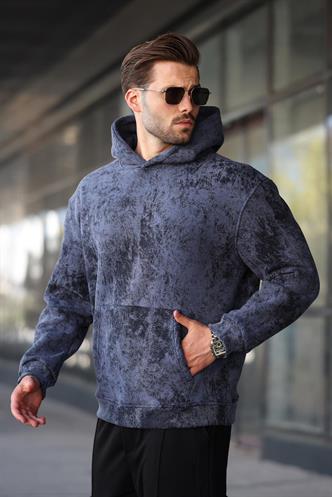 Lacivert Desenli Kapüşonlu Erkek Sweatshirt E7167