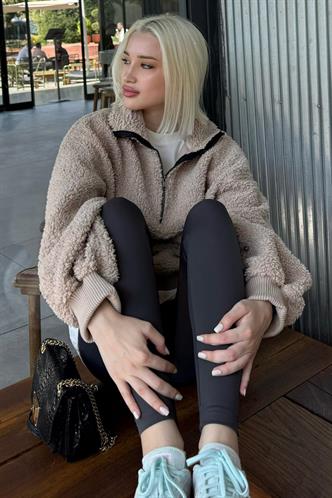 Bej Peluş Fermuar Yaka Sweatshirt MG1413