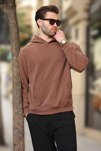 Kahverengi Kapüşonlu Cep Detaylı Dokulu Sweatshirt E7101