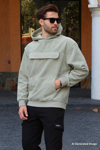 Çağla Yeşili Kapüşonlu Kapaklı Cep Detaylı Polar Erkek Sweatshirt 7097