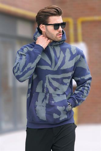 Lacivert Kapüşonlu Cep Detaylı Baskılı Erkek Sweatshirt 7087