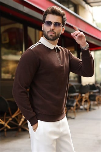 Acı Kahve Şerit Detaylı Polo Yaka Erkek Sweatshirt E7212  