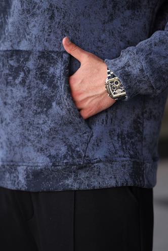 Lacivert Desenli Kapüşonlu Erkek Sweatshirt E7167