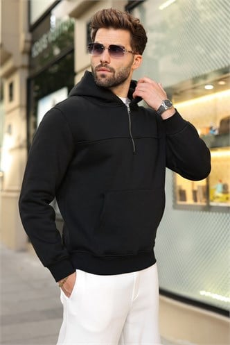 Siyah Kanguru Cepli Kapüşonlu Erkek Sweatshirt E7218