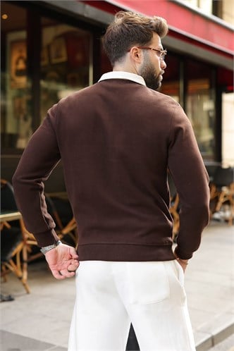 Acı Kahve Şerit Detaylı Polo Yaka Erkek Sweatshirt E7212  