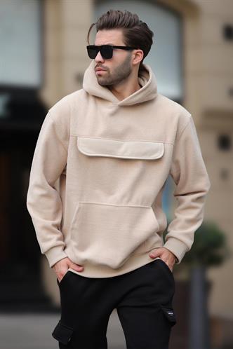 Bej Kapüşonlu Kapaklı Cep Detaylı Polar Erkek Sweatshirt 7097