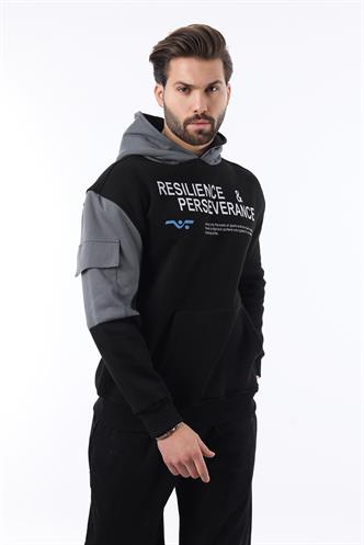 Siyah Kapüşonlu Cep Detaylı Baskılı Erkek Sweatshirt 7058