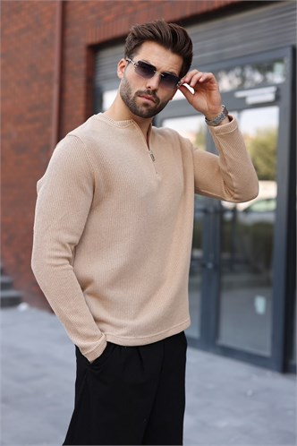 Bej Bisiklet Yaka Fermuar Detaylı Erkek Triko Sweatshirt E7209