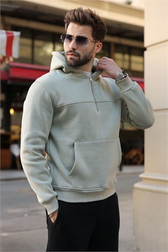 Mint Yeşili Kanguru Cepli Kapüşonlu Erkek Sweatshirt E7218