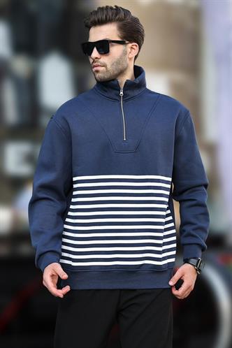 Lacivert Fermuar Yakalı Çizgili Sweatshirt 7056