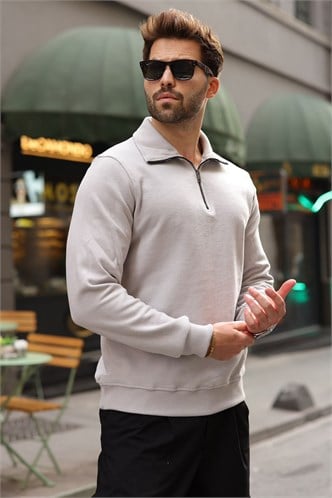 Gri Dik Yaka Yarım Fermuarlı Erkek Sweatshirt E7211