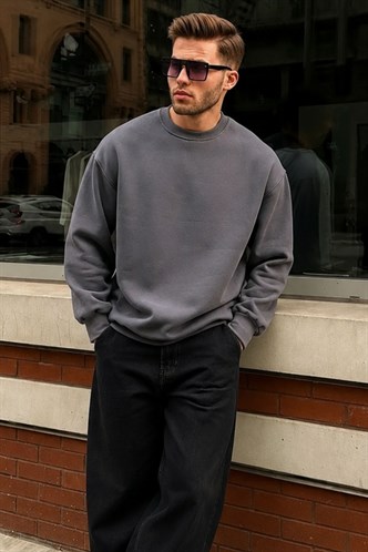 Füme Bisiklet Yaka Oversize Şardonlu Basic Erkek Sweatshirt 6048