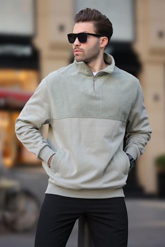 Çağla Yeşili Dik Yaka Yarım Fermuarlı Polar Sweatshirt 7096