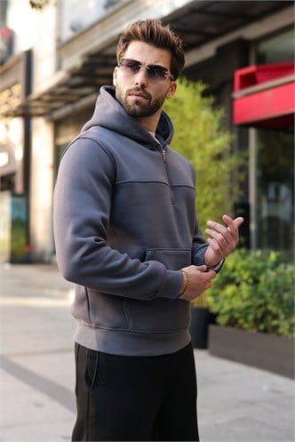 Füme Kanguru Cepli Kapüşonlu Erkek Sweatshirt E7218