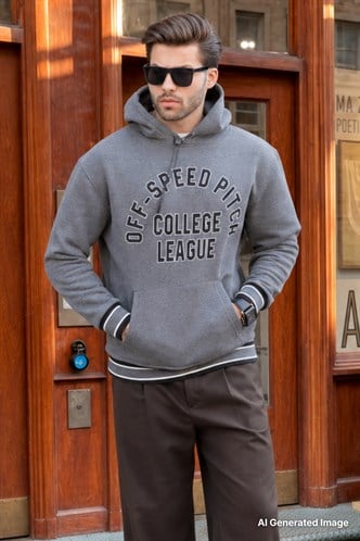 Antrasit Kapüşonlu Cep Detaylı Baskılı Erkek Sweatshirt 7068