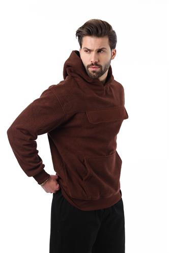 Acı Kahverengi Kapüşonlu Kapaklı Cep Detaylı Polar Erkek Sweatshirt 7097