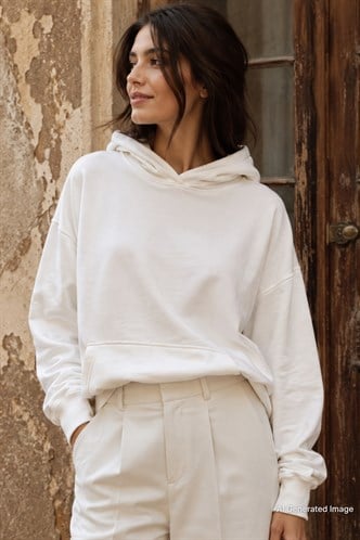 Ekru Kapüşonlu Oversize Cepli Sweatshirt MG2207