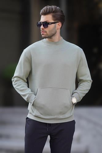Mint Yeşili Bisiklet Yaka Nakış Detaylı Cepli Erkek Sweatshirt 7049