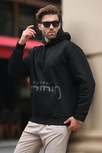 Siyah Kapüşonlu Baskılı Cep Detaylı Sweatshirt E7076
