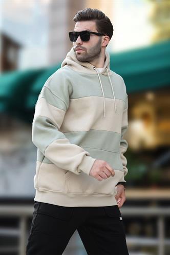 Bej Kapüşonlu Renk Bloklu Cep Detaylı Erkek Sweatshirt 7044