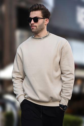 Bej Bisiklet Yaka Şardonlu Erkek Sweatshirt 7047