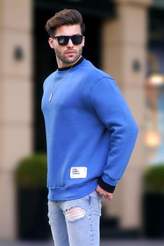 İndigo Bisiklet Yaka Oversize Şardonlu Arma Detaylı Erkek Sweatshirt 7043
