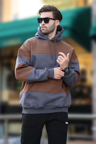 Füme Kapüşonlu Renk Bloklu Cep Detaylı Erkek Sweatshirt 7044