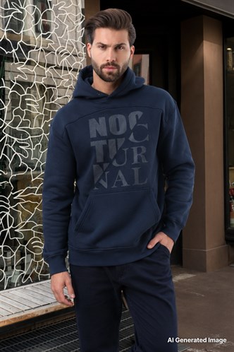 Lacivert Baskılı Kapüşonlu Cep Detaylı Erkek Sweatshirt 7062