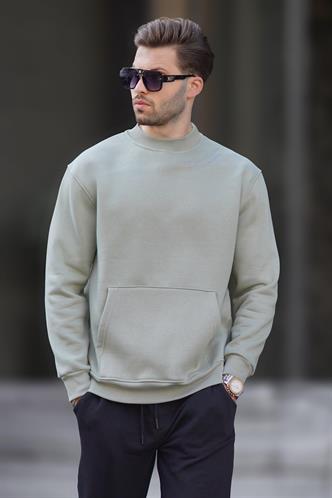 Mint Yeşili Bisiklet Yaka Nakış Detaylı Cepli Erkek Sweatshirt 7049