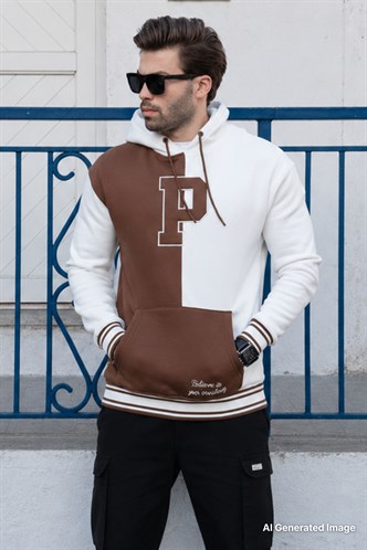 Ekru Renk Bloklu Kapüşonlu Baskılı Erkek Sweatshirt 7078