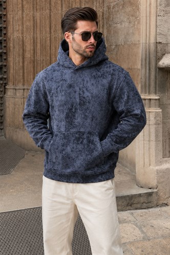 Lacivert Desenli Kapüşonlu Erkek Sweatshirt E7167