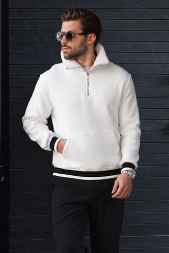 Ekru Fermuarlı Dik Yaka Kanguru Cep Erkek Sweatshirt E7159