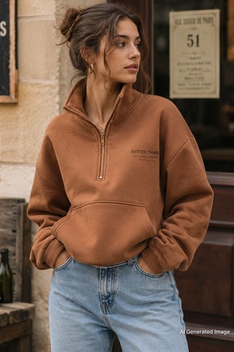 Kahverengi Dik Yaka Fermuarlı Kadın Sweatshirt MG1935