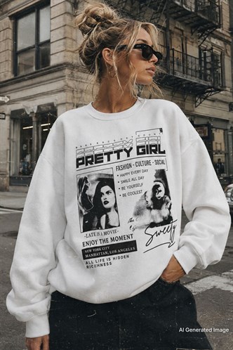 Beyaz Baskılı Oversize Kadın Sweatshirt  MG1923