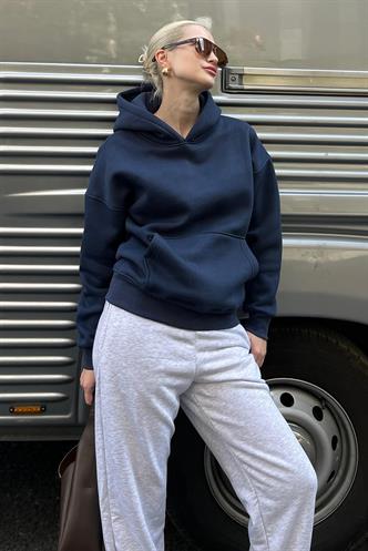 Lacivert Kapüşonlu Şardonlu Oversize Cepli Sweatshirt MG2206