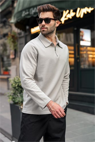 Boyalı Gri Yarım Fermuarlı Polo Yaka Dokulu Erkek Sweatshırt E7197