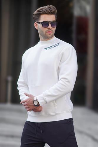 Ekru Bisiklet Yaka Nakış Detaylı Cepli Erkek Sweatshirt 7049
