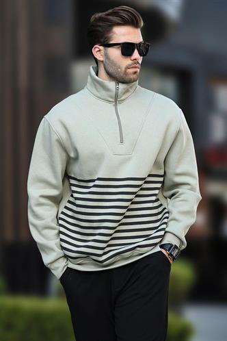 Çağla Yeşili Fermuar Yakalı Çizgili Sweatshirt 7056