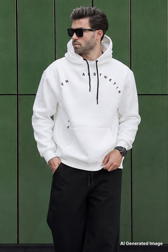 Ekru Kapüşonlu Cep Detaylı Nakışlı Erkek Sweatshirt 7054
