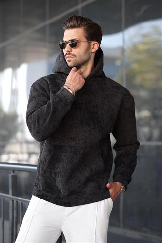 Siyah Desenli Kapüşonlu Erkek Sweatshirt E7167