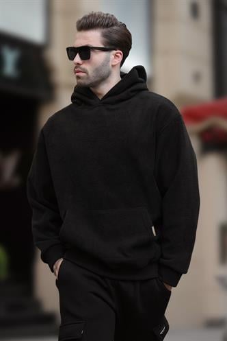 Siyah Kapüşonlu Cep Detaylı Polar Erkek Sweatshirt 7093