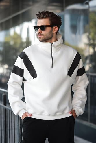 Ekru Fermuarlı Yaka Kapüşonlu Erkek Sweatshirt E7161