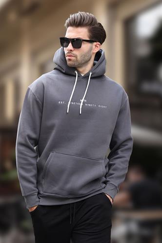 Füme Kapüşonlu Nakış Detaylı Cepli Erkek Sweatshirt 7066