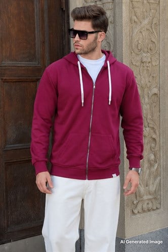 Bordo Fermuarlı Kapüşonlu Sweatshirt 6161