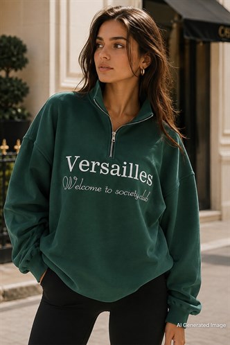 Yeşil Yarım Fermuarlı Baskılı Sweatshirt MG2240