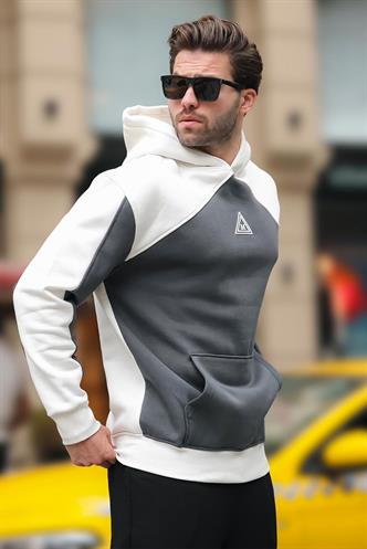 Ekru Kapüşonlu Cep Detaylı Nakışlı Sweatshirt E7085